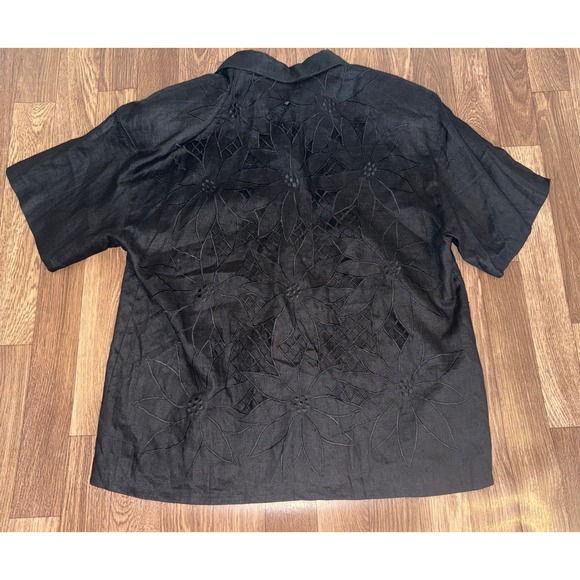 100%‎ Linen Black Button-Up Shirt  Cutwork Embroidered Back | Resort Holiday Top - Picture 4 of 7